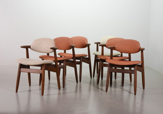 Image 1 of Authentic Cowhorn Tijsseling Dining Chairs with the Original Fabric Upholstery by Hulmefa. Set of 6. The Netherlands, 1960s.