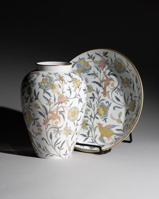 Rosenthal Classic Rose Vase & Matching Decorated Plate Multicolour Flora & Gold 