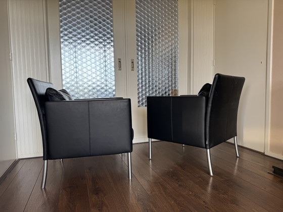 Image 1 of  Modernist German Black Leather and Steel Lounge Chairs from Walter Knoll / Wilhelm Knoll, 2000s, Set of 2
