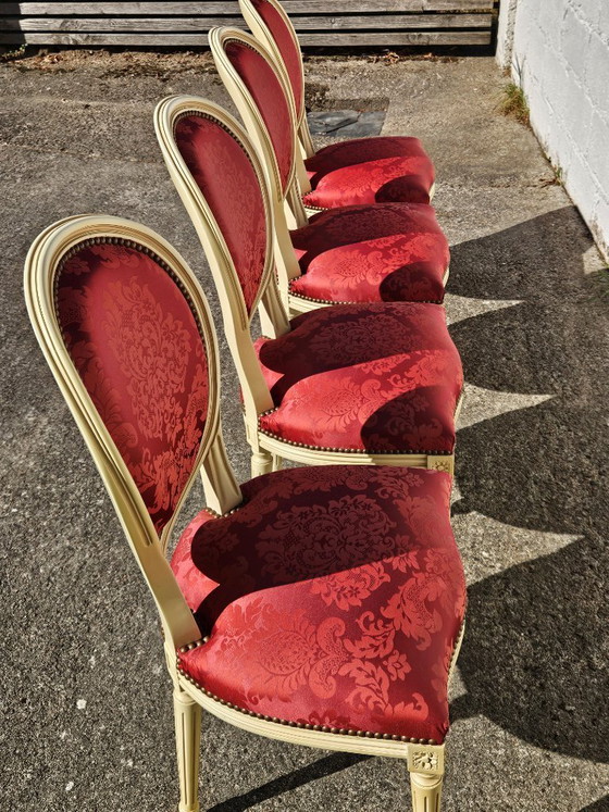 Image 1 of Set van 4 antieke Franse damaststoelen met medaillonmotief - gestoffeerde Louis XVI-stoelen - jaren 1900