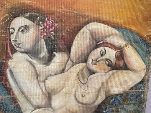 Decoratie in Art Deco- en kubistische stijl, geschilderd op bamboe.