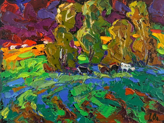 Image 1 of Original Oil Painting Summer Field Landscape The sky is preparing lightning