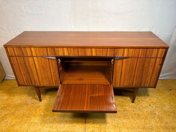 Image 1 of Mid-Century Retro Vintage Teak & Zebrano Wood Sideboard by Elliots of Newbury 1960  Rare Designer Piece • Striking Wood Grain • 