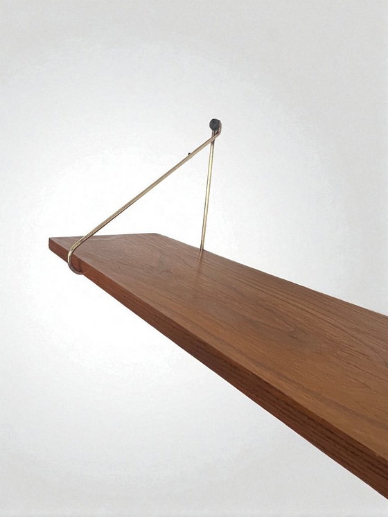 Image 1 of Vintage wooden string wall shelf with metal suspension | Mid - Century style | Open shelf | Scandinavian design