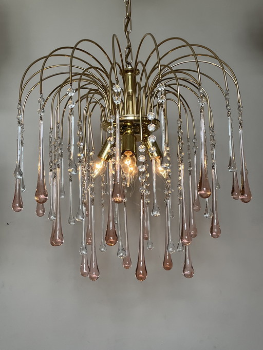 Vintage XXL Crystal Pink Teardrop Pendant Lamp Italian