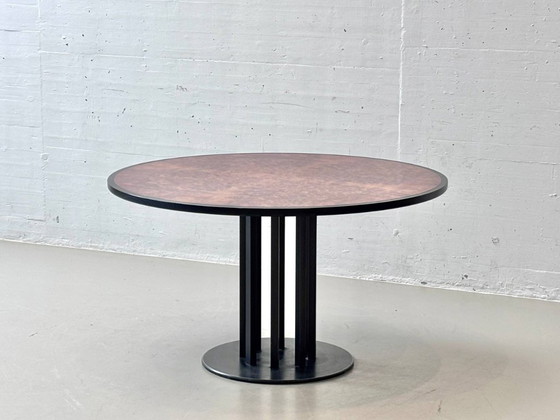 Image 1 of Round designer dining table made of thuja root veneer and steel, 1980s