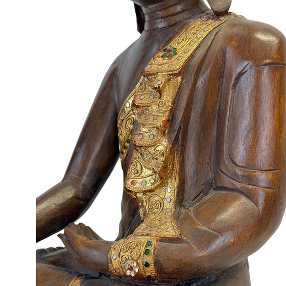 Antique Burmese Mandalay Wooden Buddha – Bhumisparsha – c. – Sculpture, Glass (photo 21 of 23)