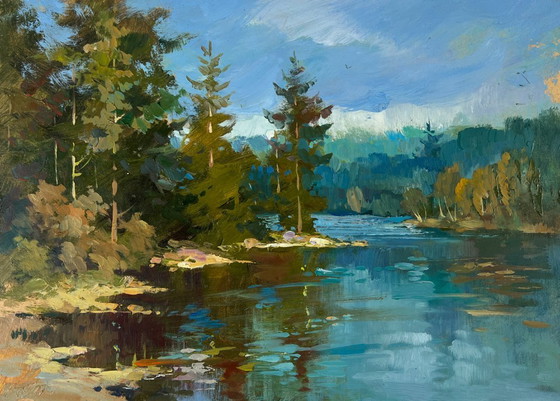 Image 1 of Peinture à l'huile originale Paysage d'été au bord d'une rivière Eaux silencieuses de la forêt