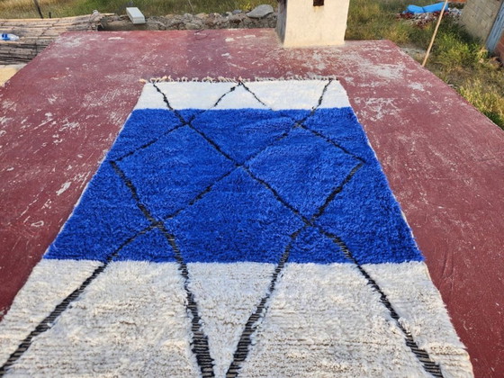 Image 1 of Blue Beni Ourain Rug 250x150 cm – Handmade Moroccan Wool Rug – Berber Diamond Carpet – Modern Boho Area Rug