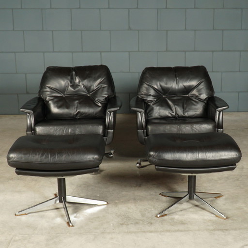 Set Vintage Leather Swivel Armchairs With Hocker - 1970s
