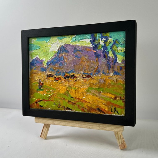Original Oil Painting Evening Field Landscape Winds over the steppe