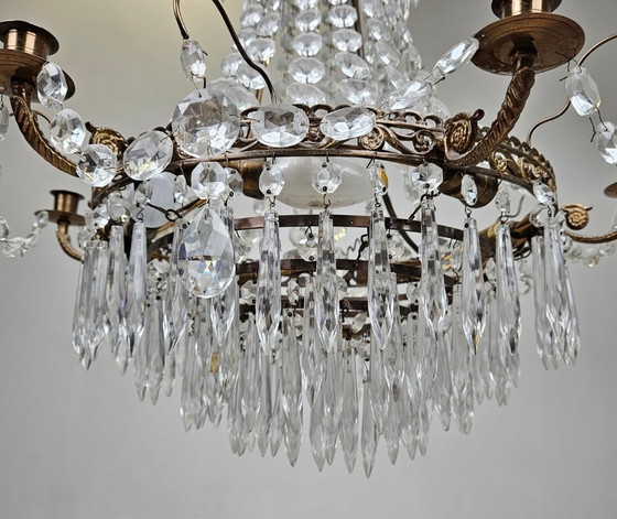 Image 1 of Empire-Style Brass Chandelier — Prism Décor — 7-Light Statement Piece — 20th Century