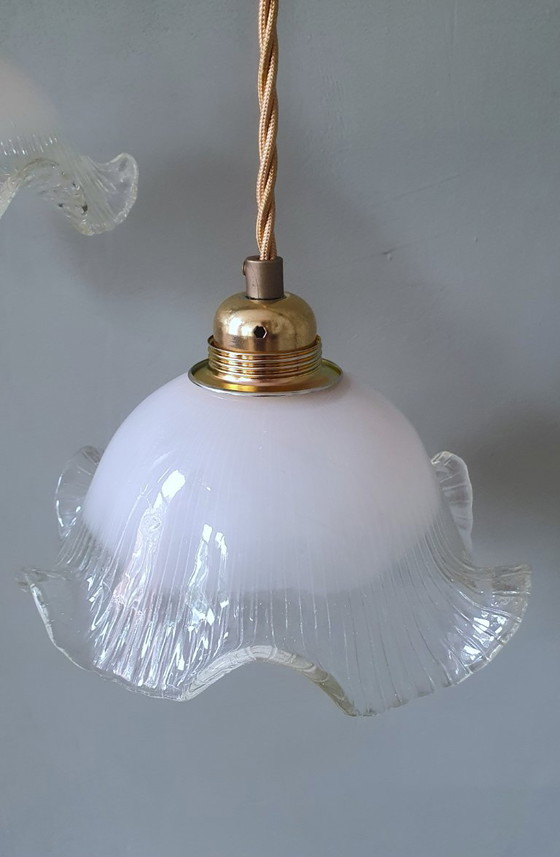 Set di 2 lampade a sospensione vintage in vetro bianco satinato, forma floreale, texture – Metal (photo 20 of 23)