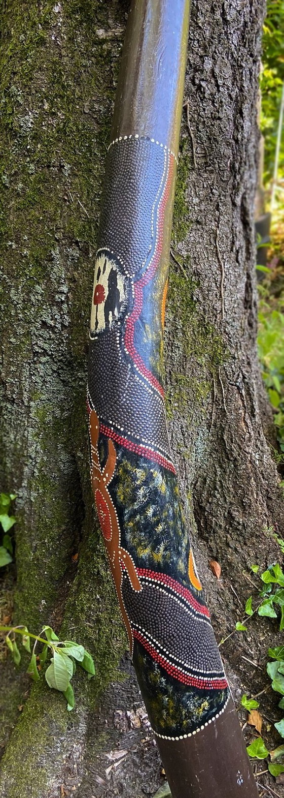 Vecchio Didgeridoo in legno con pittura Aborigena Serpente e Tartaruga, Oggetti decorativi, Nero, Opknappers (foto 10 di 13)