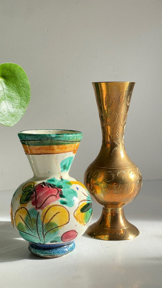 Image 1 of Vasi in ceramica vintage realizzati a mano con ottone cesellato
