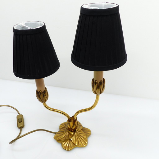 Bronze two-armed water lily lamp, Lucien Gau, France 1990