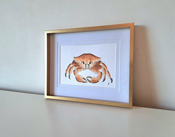 Image 1 of Watercolor painting Crab | Gold-colored frame