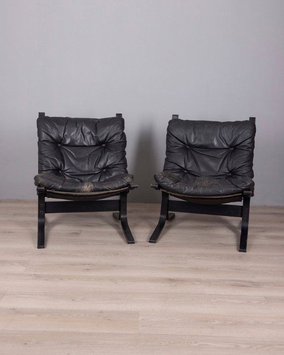 Image 1 of Een paar vintage leren fauteuils uit de jaren 70, model "Siesta", ontworpen door I. Relling voor Westnofa.