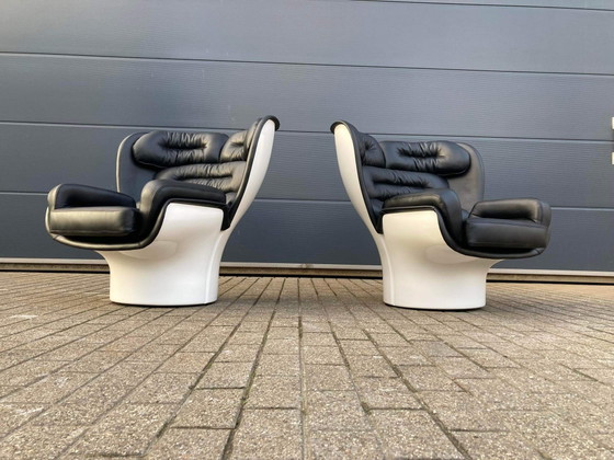 Image 1 of 2x Joe Colombo Elda Stuhl, schwarzes Leder, weißes Fiberglas