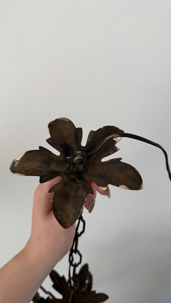 Image 1 of Lanterne italienne en fer forgé et verre d'art ambré - années 1960