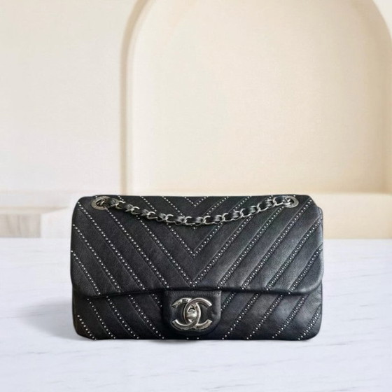 Image 1 of Chanel Seasonal Flap - Studded 25CM Chevron Calfskin Black Silver Hardware Series 24