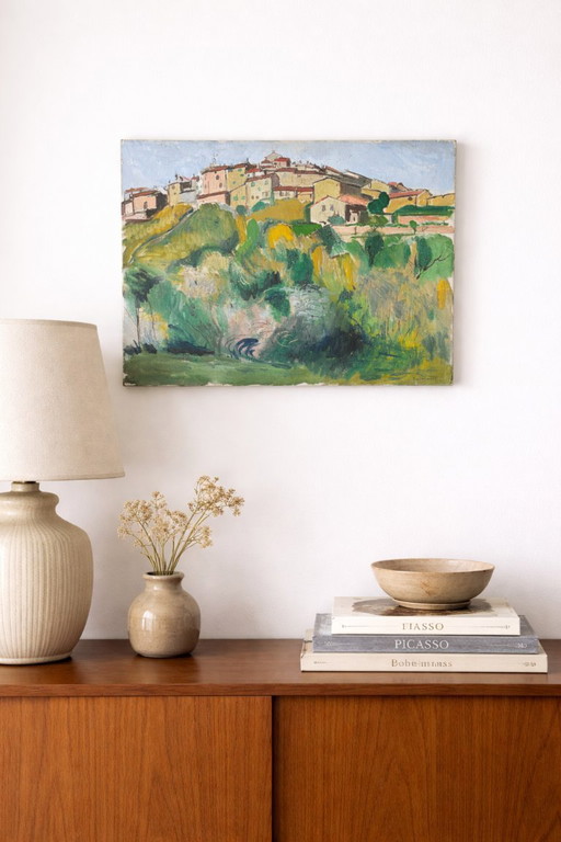 Tableau original signé Balaloeff – Paysage de village français, art moderne expressif