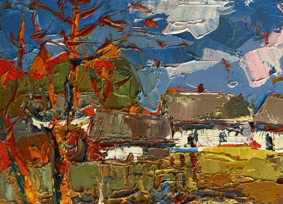 Image 1 of Original Oil Painting Autumn Village Landscape Autumn golden time