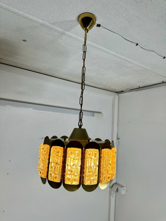 Lampada a Sospensione Plafoniera Vintage Vitrika Vetro Ghiaccio Anni '60 Danimarca, Plafoniere, Metallo (foto 5 di 14)