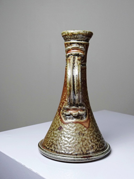 Image 1 of Vintage glazed stoneware candlestick or bud vase signed Le Don