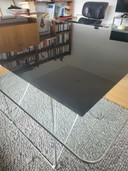  Table en verre design et pieds chromés Max Sauze