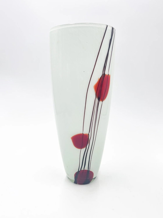 70s White Murano Glass Vase with Red and Black Decorations (photo 6 of 11)