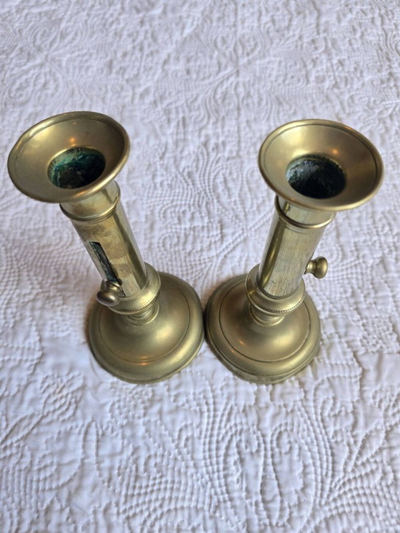 Pair of antique brass candlesticks with adjustable pushers, 19th century – Candle holders (photo 5 of 5)