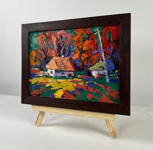 Original Oil Painting Evening Village Landscape Autumn is knocking on the windows