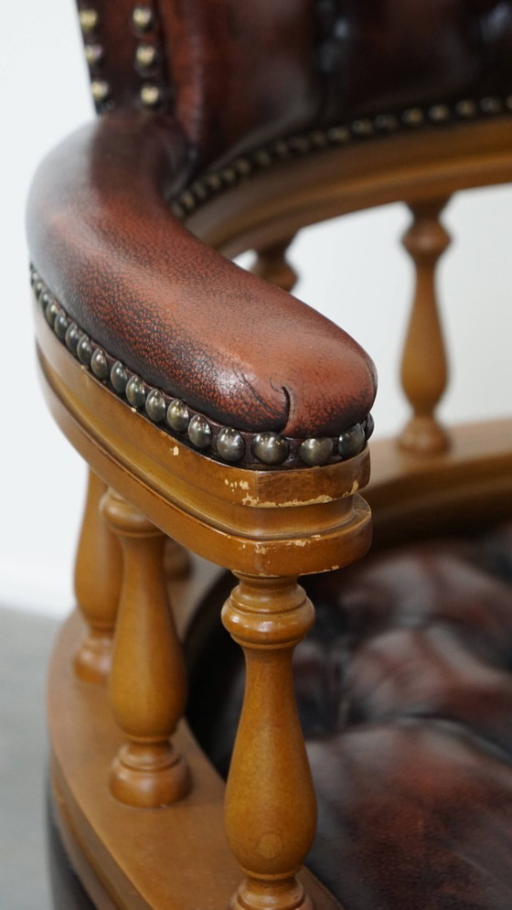 Image 1 of Brown height adjustable cowhide leather and wood chesterfield office chair on wheels