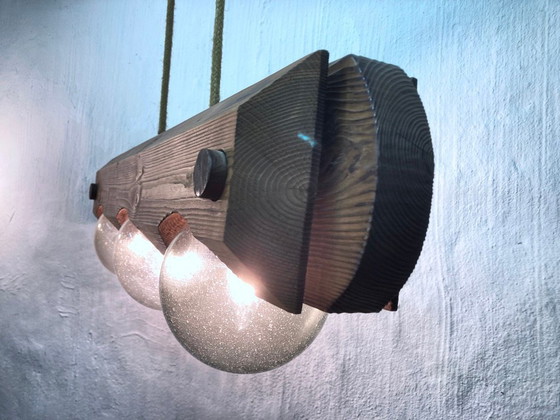 Image 1 of Hanglamp van Temde, gemaakt van hout en glas, met drie lichtpunten, in brutalistische stijl uit de jaren 70.