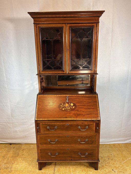 Antique Edwardian Bureau Bookcase with Inlaid Floral Detail – Early 20th Century Elegance timeless sophistication wit