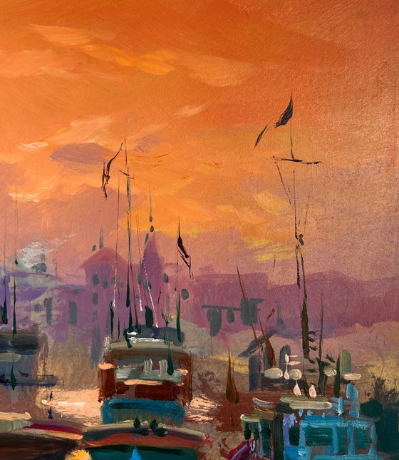 Image 1 of Original Oil Painting Evening City Landscape The atmosphere of the Venetian city