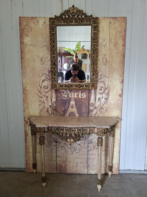 Antique Baroque wall console, side table. Hall table with mirror, dimensions: 105x32m and 73cm high.