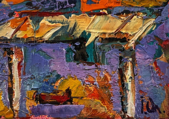 Image 1 of Original Oil Painting Sunset Sky Landscape Evening Over The City