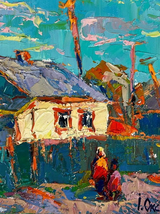 Image 1 of Original Oil Painting Rural Landscape Village A Walk along the Morning Street