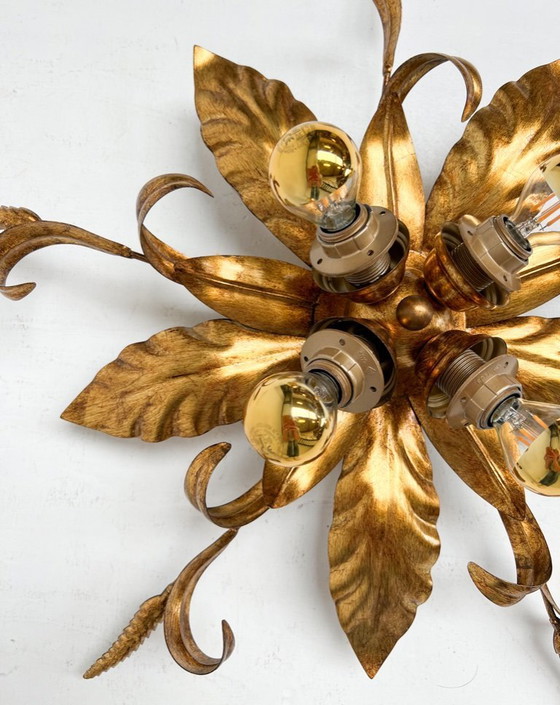 Image 1 of Vergulde XL plafondlamp of wandlamp uit Italië, 1970's