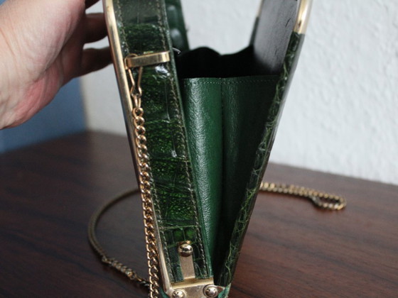 Image 1 of Vintage crocodile leather handbag, green crocodile leather with brass frame and clasp