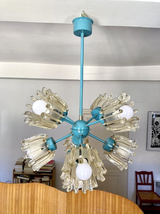Image 1 of Large 9-light chandelier in molded glass and turquoise metal, Leclaire & Schäfer – 1960s