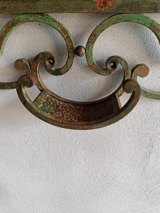 Image 1 of French wrought iron wall mirror coat rack, 1930s–40s, large decorative entry piece