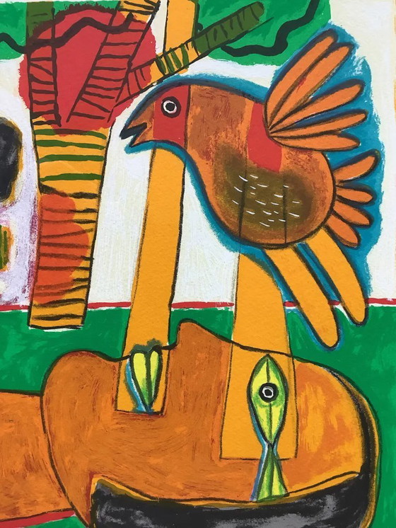Image 1 of Sérigraphie Corneille Tête Pensive, Soleil Rouge 