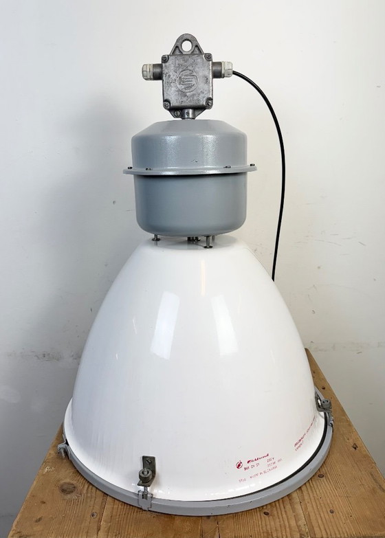 Image 1 of Große weiße Emaille-Industrielampe mit Klarglasabdeckung von Elektrosvit