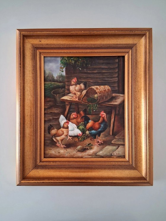Image 1 of ORIGINAL Ölgemälde auf Holzplatte inkl. Rahmen | Hühner/Bauernhof | Signiert