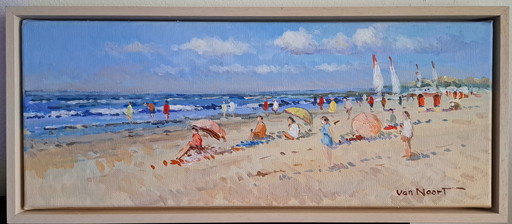 Beach view with orange parasol by A.van Noort