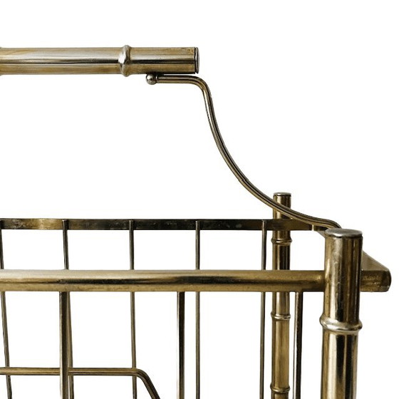 Image 1 of Vintage Hollywood Regency Faux Bamboo Newspaper Rack Magazine Basket Gold Metal Magazine Rack 1960s