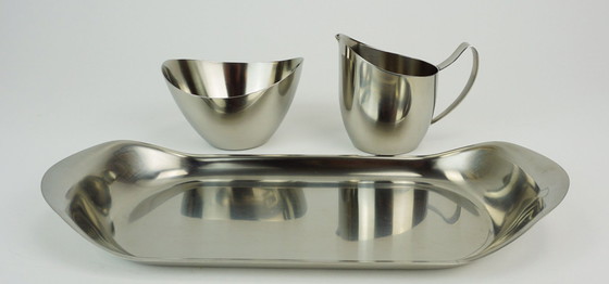 Image 1 of danish modern 3-piece SET sugar bowl creamer and tray stainless steel made in denmark